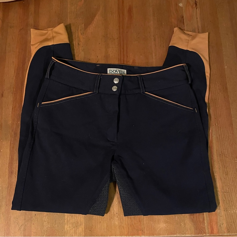 Navy blue Dover Saddlery Wellesley breeches w/orange piping size 28